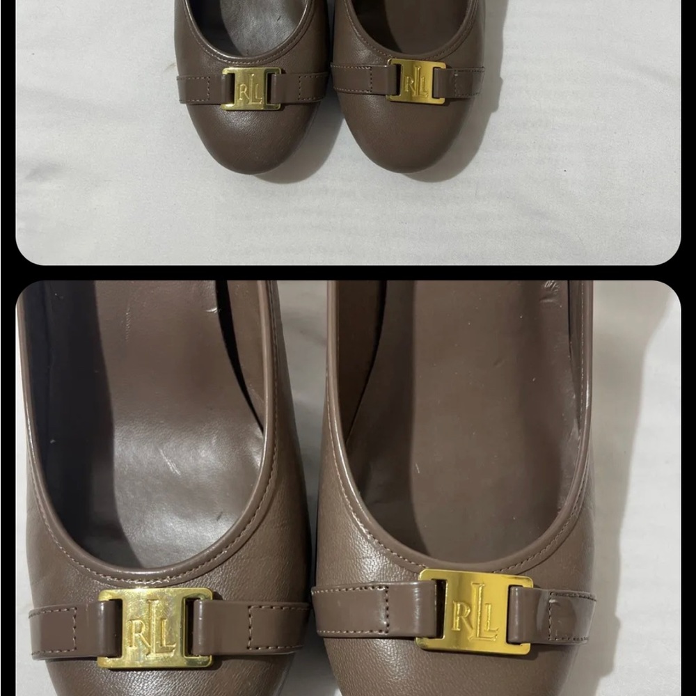 Ralph Lauren Brown Logo Gold Patent Leather Shelbi Pumps Shoes Heels 8.5B